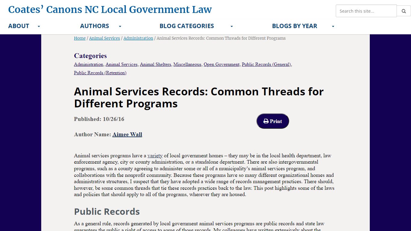 Animal Services Records: Common Threads for Different Programs